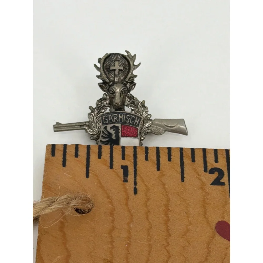 Vintage Garmisch Saint Hubertus‎ Stag Hat Pin Rifle Enamel Crest Alpine Brooch